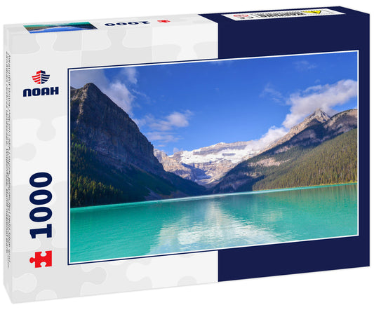 beautiful sunny day on Lake Louise, glacier fed light blue and turquoise waters, mountain peaks, glacier and no people. Iconic canadian rockies landscape. Wilderness, Banff national park