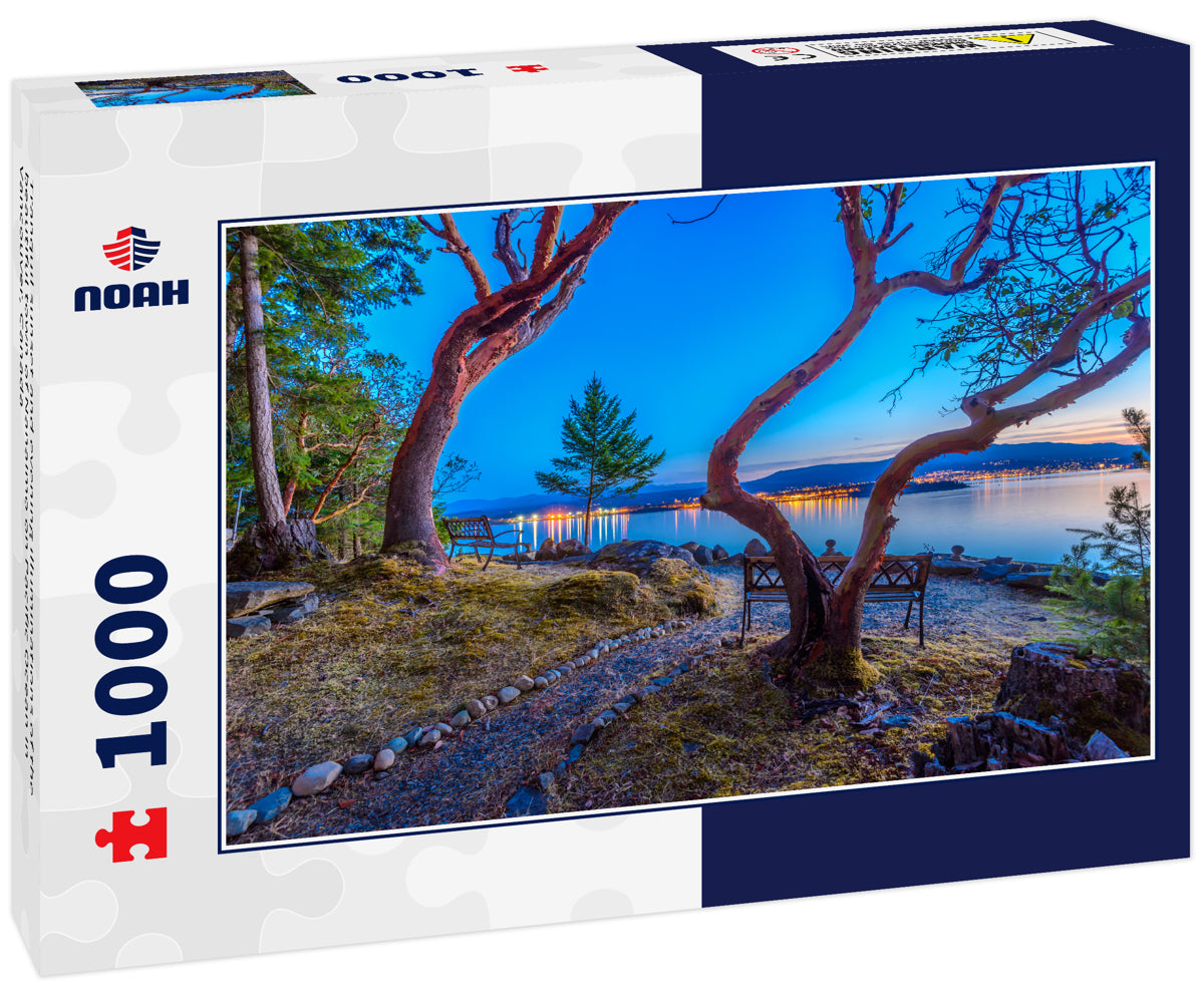 Tranquil sunset and evening illuminations of the beautiful town of Nanaimo on Pacific Ocean in Vancouver, Canada