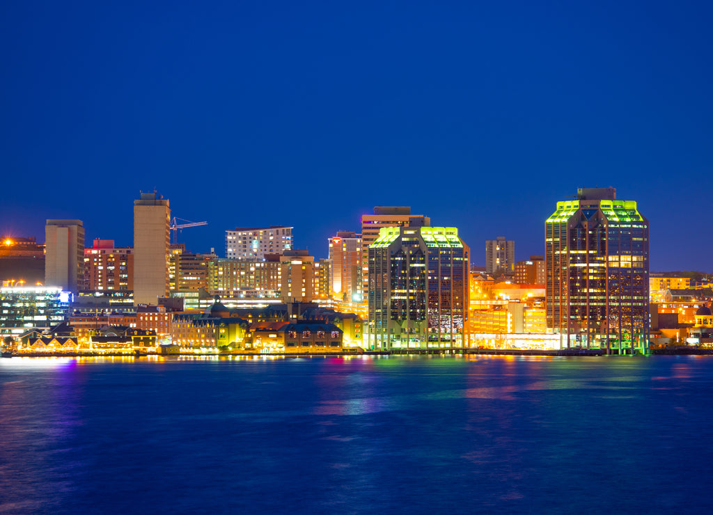 Halifax City skyline at night from Dartmouth waterfront, Nova Scotia NS, Canada