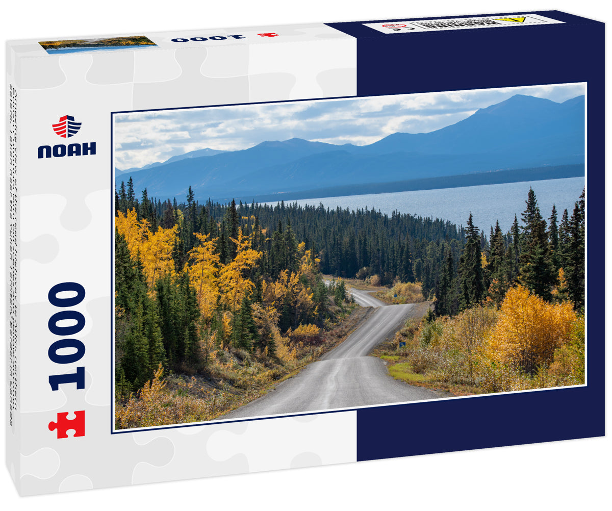 Amazing view of the road highway to Atlin, northern British Columbia with fall scenes and yellow autumn colors. Taken near the Yukon Territory border in Canada
