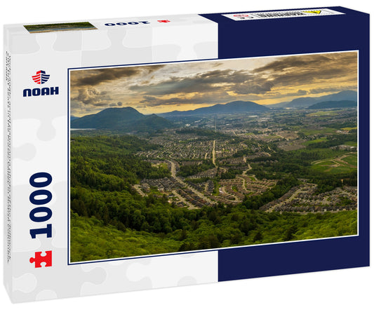 Wide angle aerial panorama photo of the Chilliwack city that seats in the Fraser Valley in British Columbia, Canada