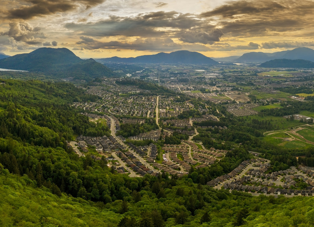 Wide angle aerial panorama photo of the Chilliwack city that seats in the Fraser Valley in British Columbia, Canada