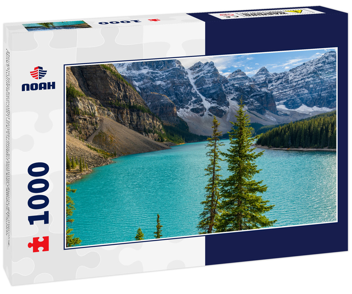 Moraine lake beautiful landscape in summer sunny day morning. Sparkle turquoise blue water, snow-covered Valley of the Ten Peaks. Banff National Park, Canadian Rockies, Alberta, Canada