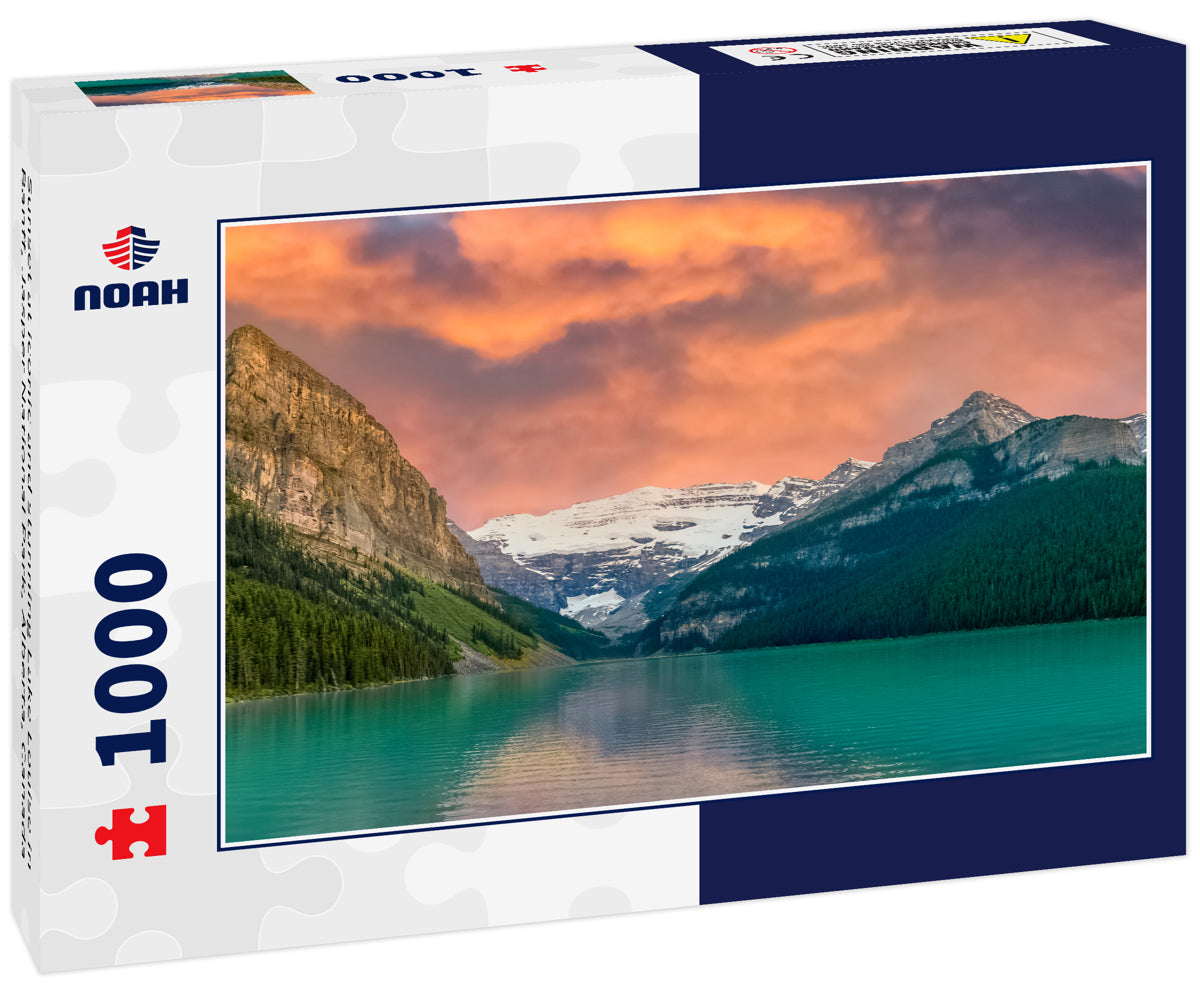 Sunset at iconic and stunning Lake Louise in Banff, Jasper National Park, Alberta, Canada