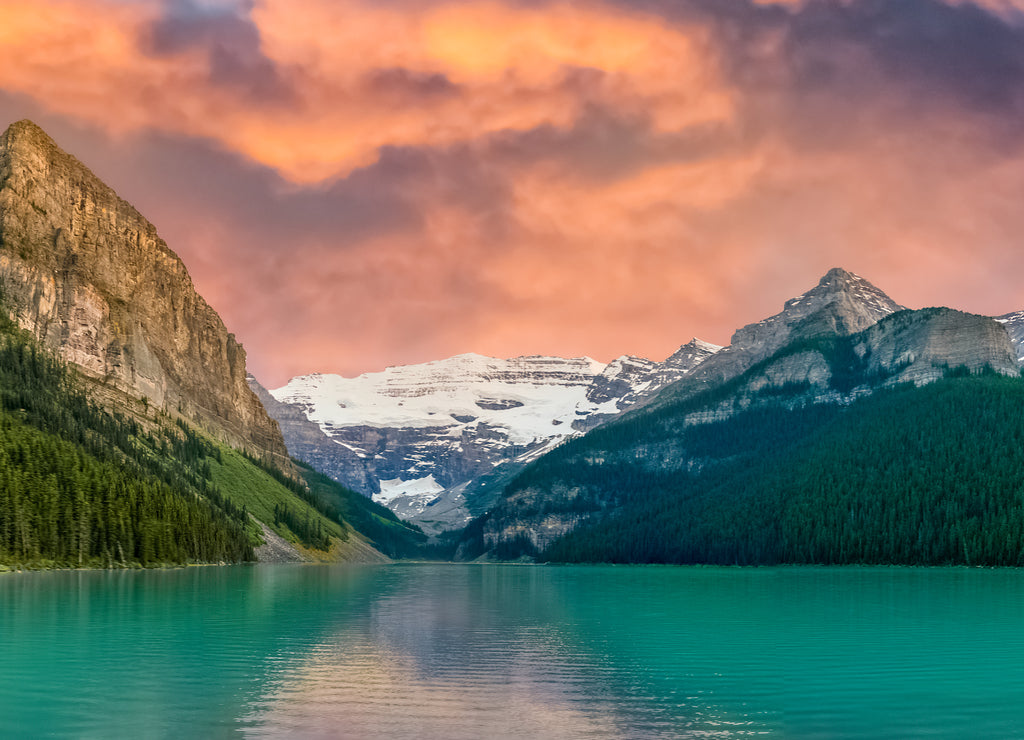 Sunset at iconic and stunning Lake Louise in Banff, Jasper National Park, Alberta, Canada