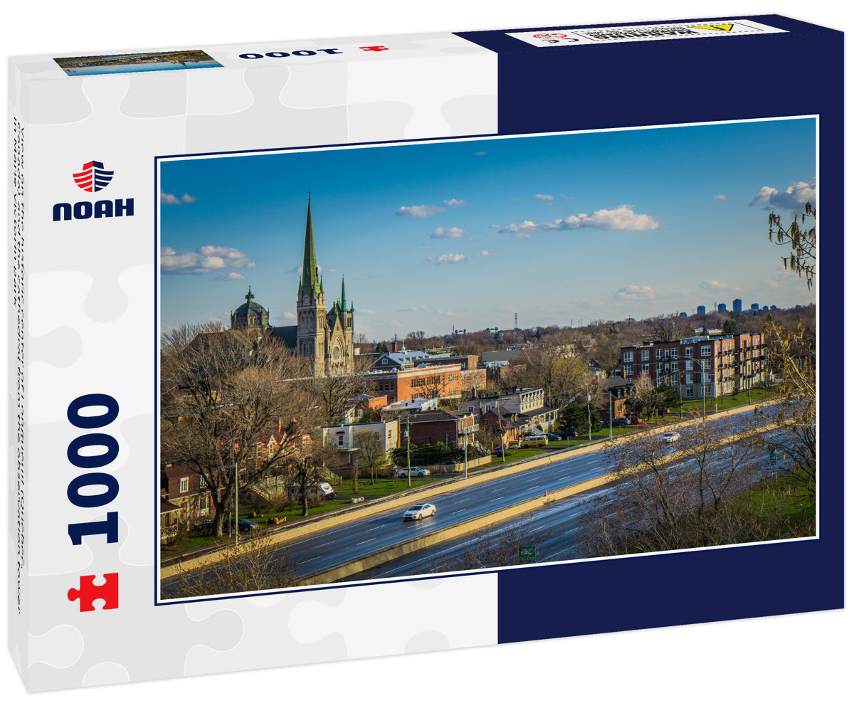 View on the historic center of Longueuil (Quebec, Canada) and the cathedral from the observation tower in Marie Victorin park