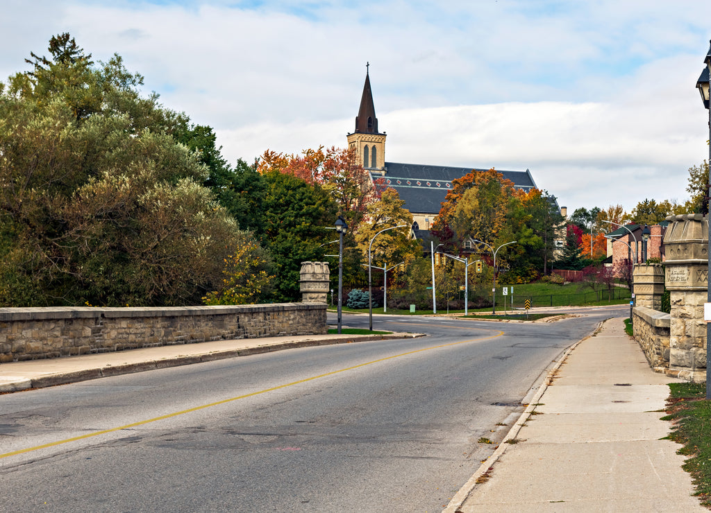 The Saint Joseph's Catholic Church and the bridge over lake Victoria in Stratford, Ontario