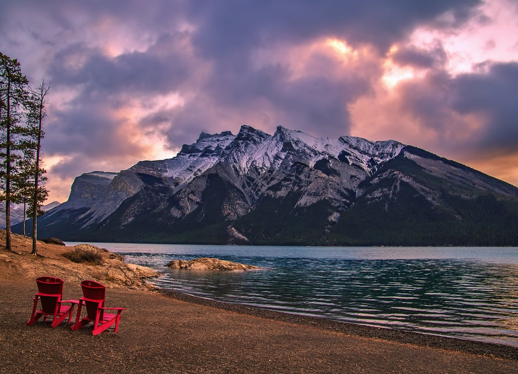 Adirondack Chairs Overlooking Lake Minnewanka At Sunrise