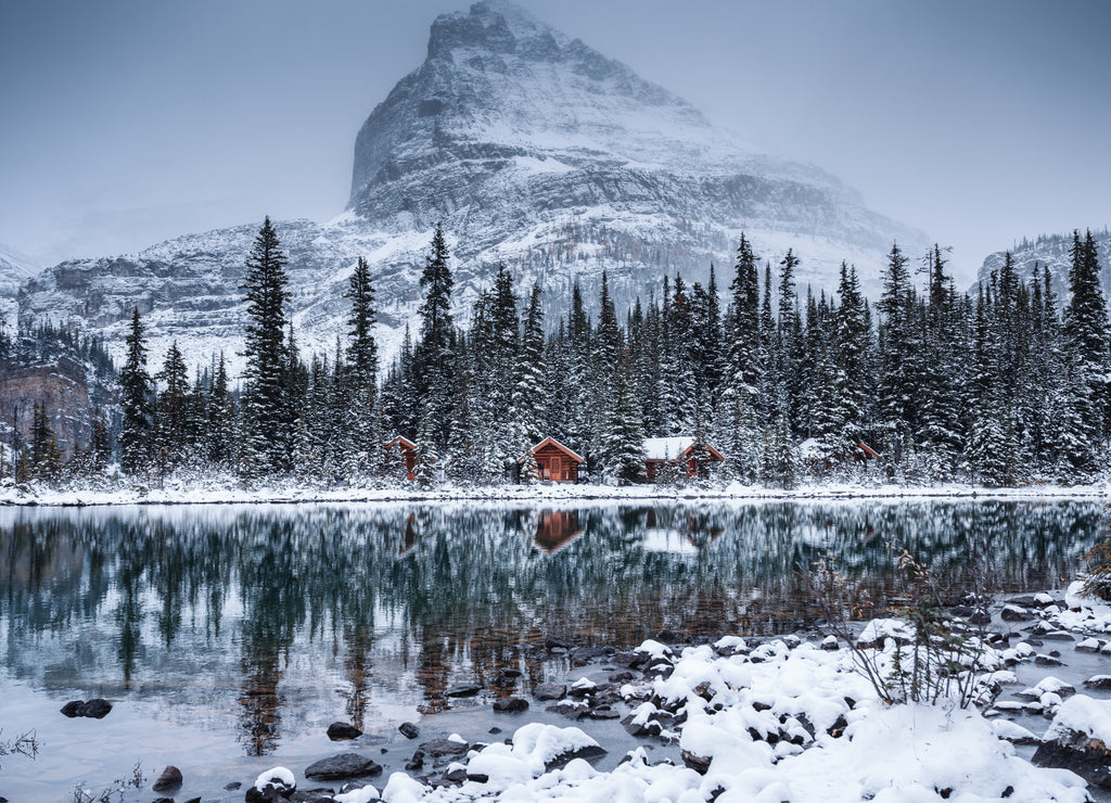 Lake O'hara with wooden hut and snow covered in pine forest on gloomy day at Yoho national park