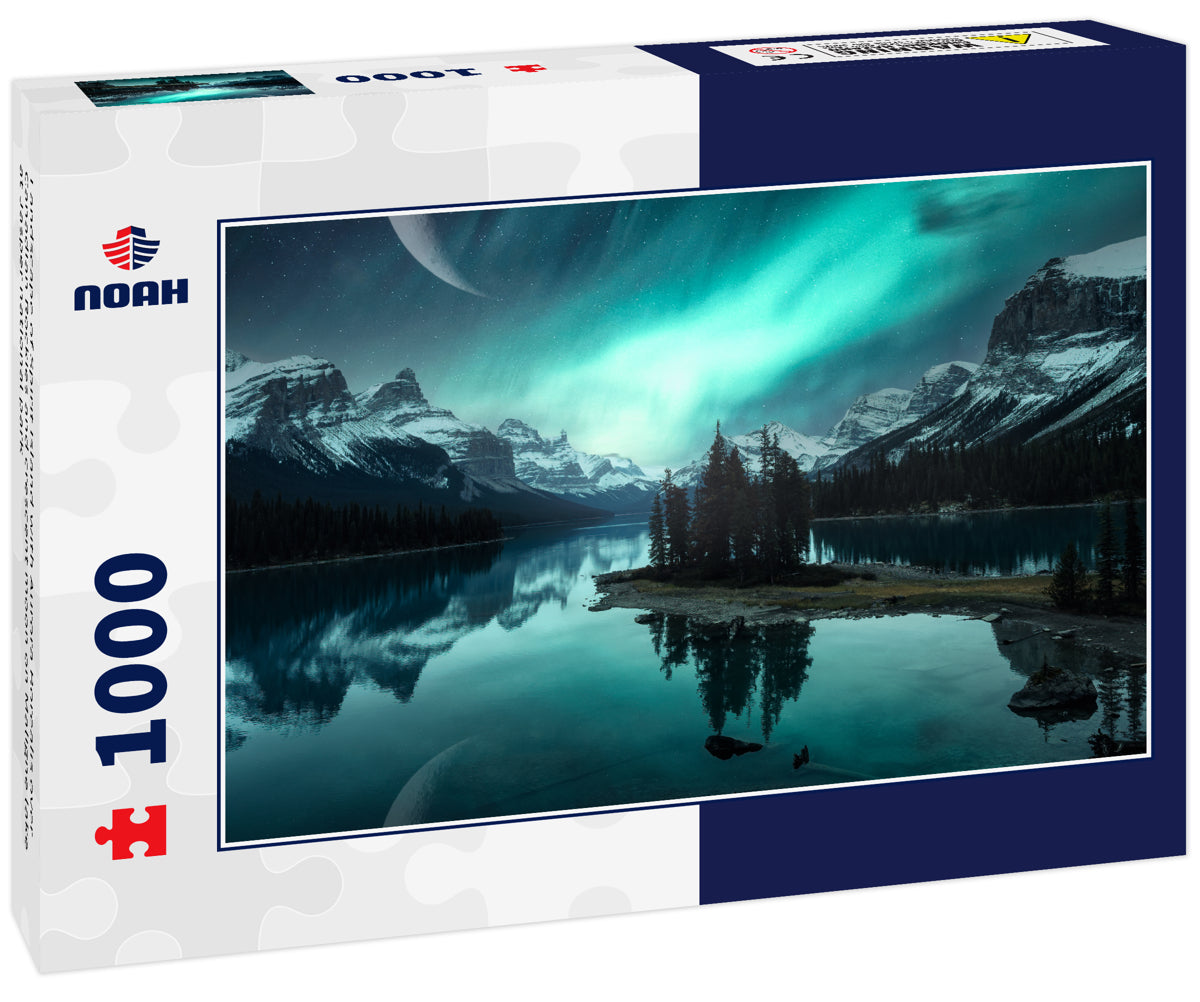 Landscape of Spirit Island with Aurora Borealis over Canadian Rockies and crescent moon on Maligne lake at Jasper national park