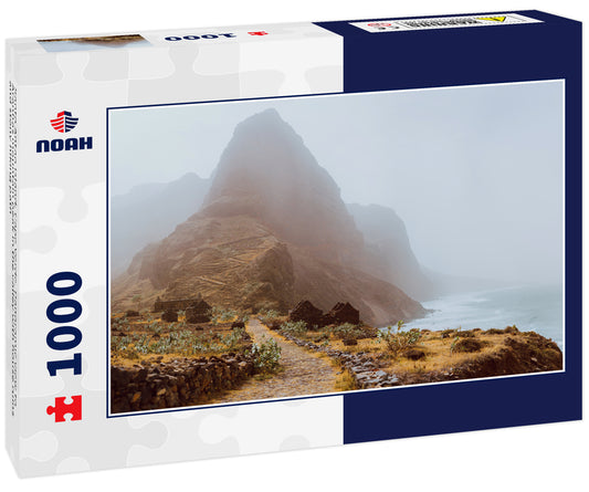 Santo Antao Island, Cape Verde. Panoramic view to Aranhas mountain peak in the valley with house ruins and stony hiking path