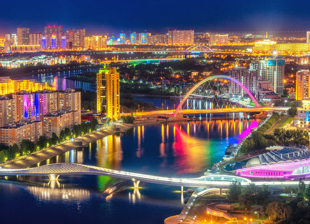 Astana, Kazakhstan, night view of the city illuminated as capital of Kazakhstan