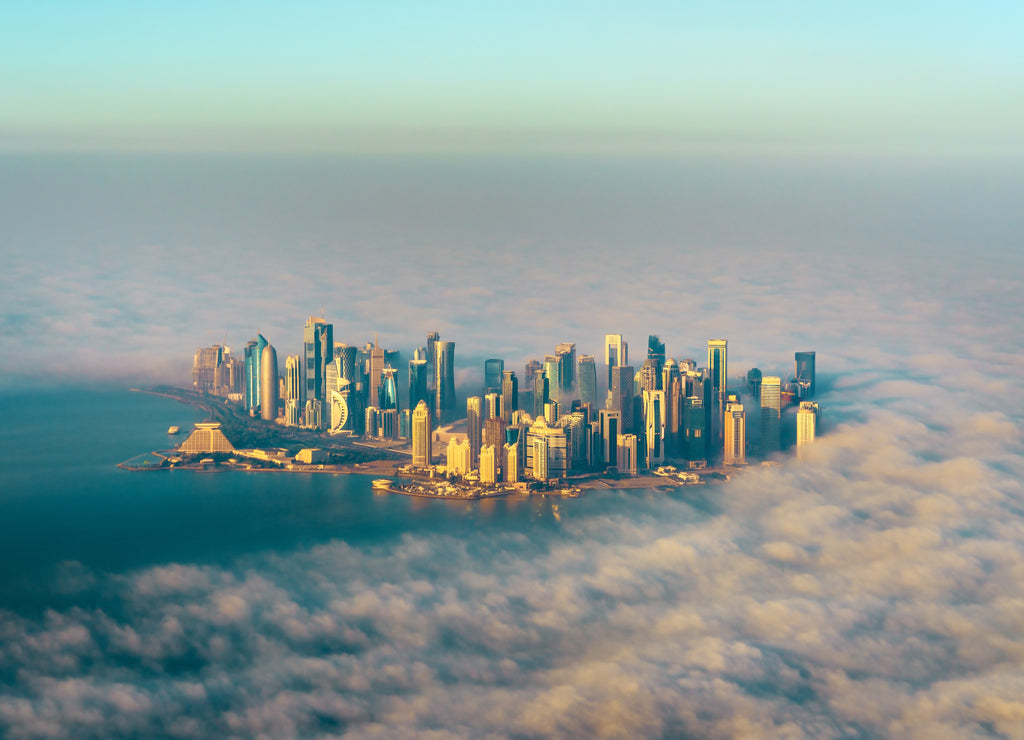 Aerial view of Doha through the morning fog - Qatar, the Persian Gulf