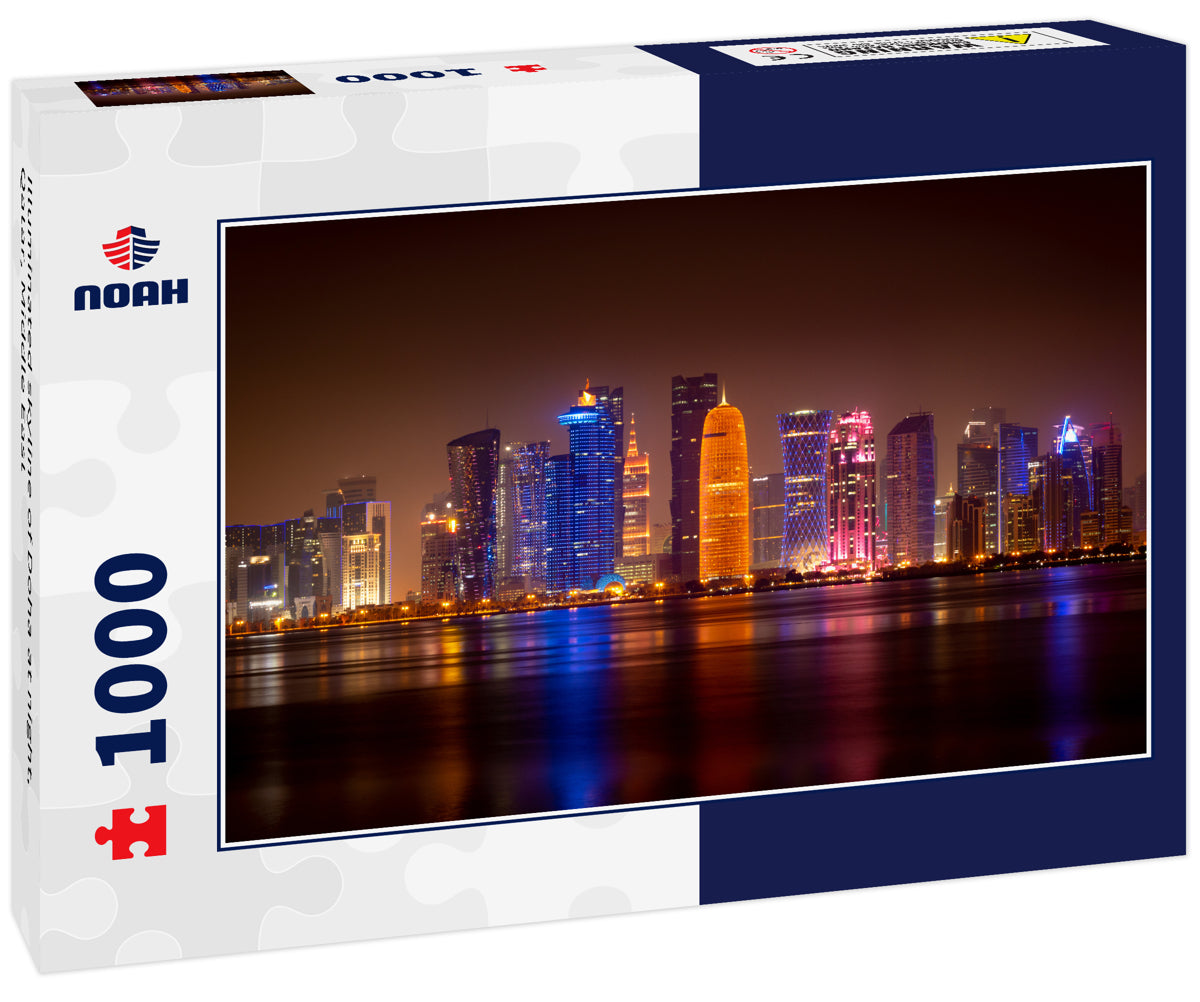 Illuminated skyline of Doha at night, Qatar, Middle East