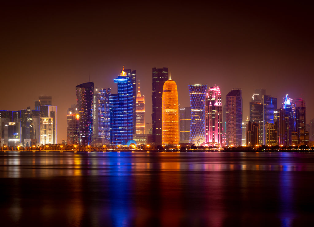 Illuminated skyline of Doha at night, Qatar, Middle East