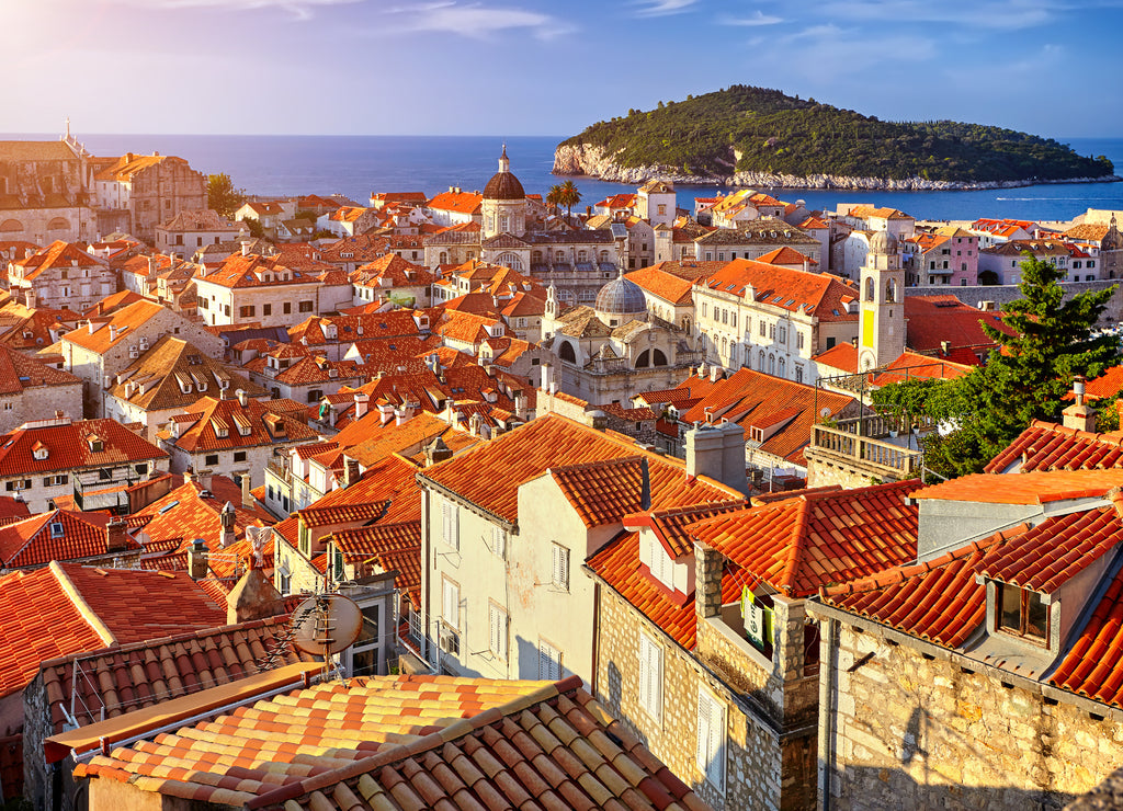 Panorama Dubrovnik Old Town roofs at sunset. Europe, Croatia