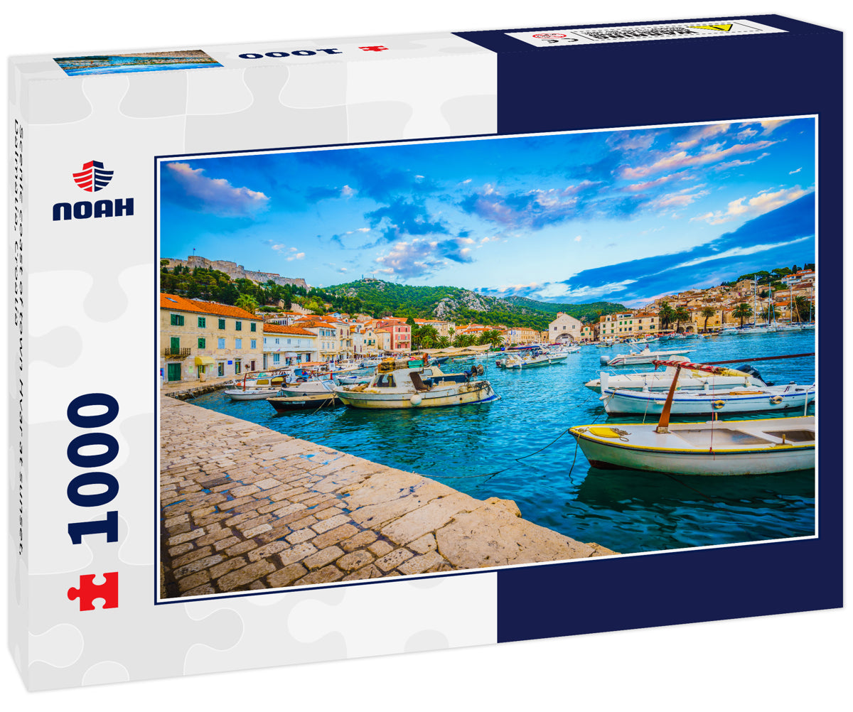 Scenic coast of town Hvar at sunset, Dalmatia, Croatia