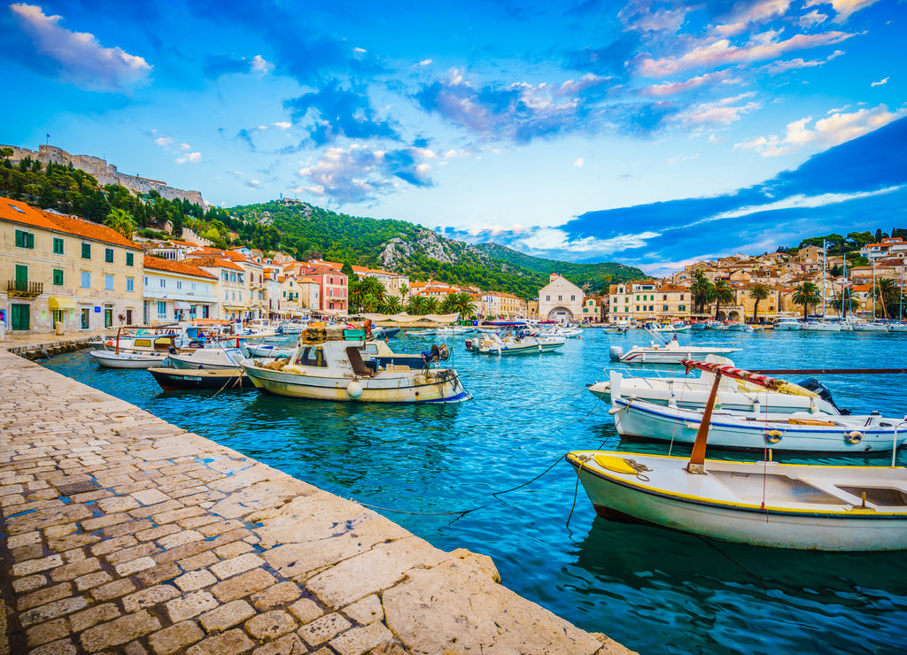 Scenic coast of town Hvar at sunset, Dalmatia, Croatia