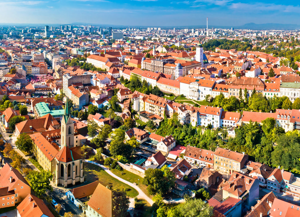 Zagreb cathedral and upper city aerial panoramic view