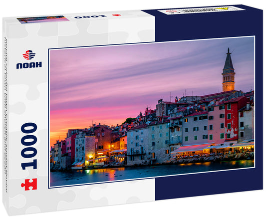 Rovinj colorful town Croatia, sunset Rovinj historical town with church and ocean