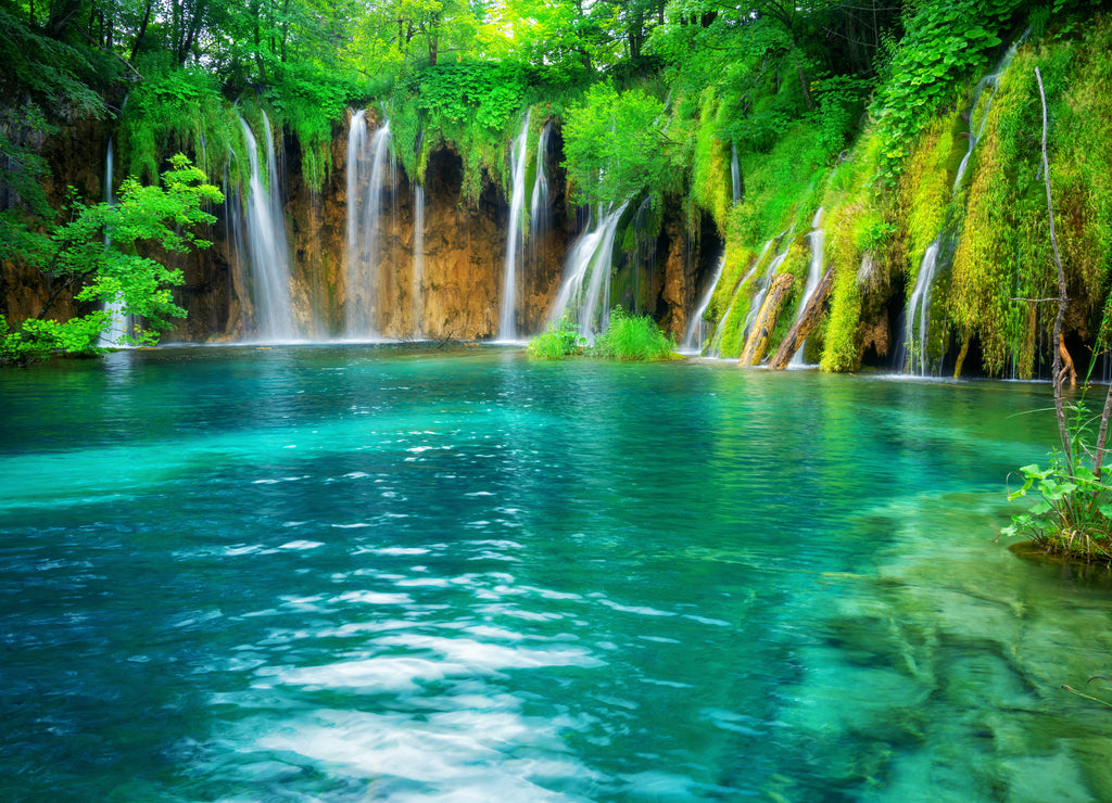 Exotic waterfall and lake landscape of Plitvice Lakes National Park, UNESCO natural world heritage