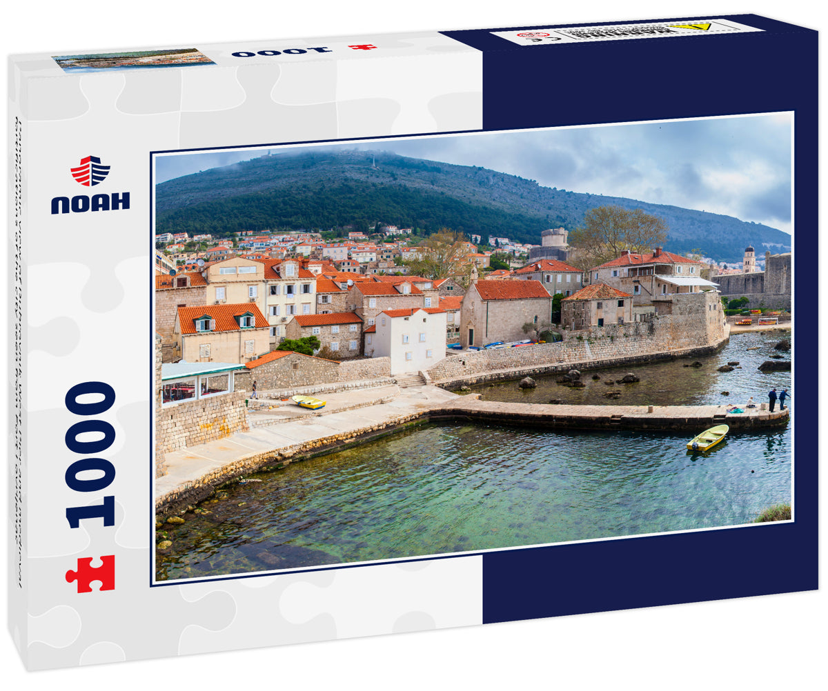 Panoramic view of Dubrovnik West Pier and medieval fortifications of the city seen from Fort Lovrijenac