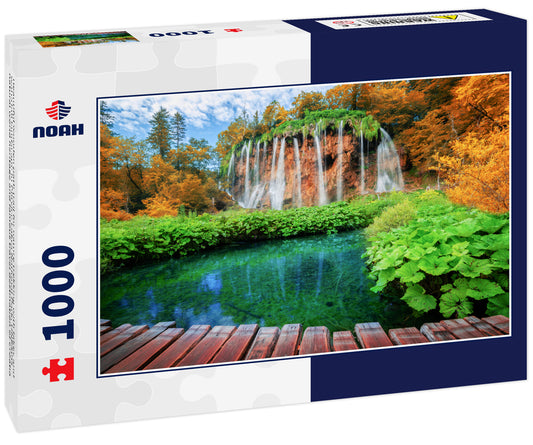 Beautiful wooden path trail for nature trekking with lakes and waterfall landscape in Plitvice Lakes National Park, UNESCO natural world heritage and famous travel destination of Croatia