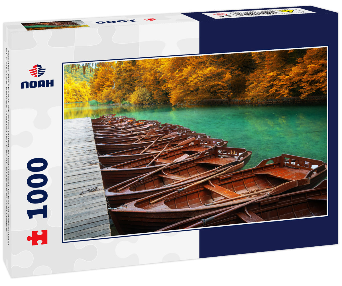 Boats parking at pier with turquoise lake landscape of Plitvice Lakes National Park, UNESCO heritage