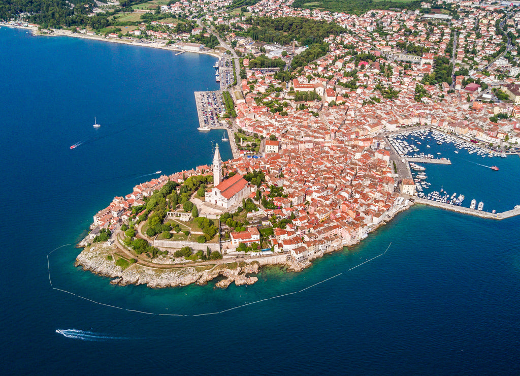 Beautiful Rovinj city aerial view from above the Adriatic sea. The old town of Rovinj, Istria, Croatia