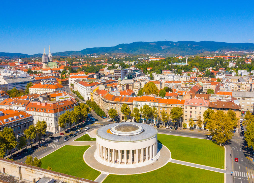 Aerial drone view of Mestrovic pavilion, monumental art gallery and city centre on sunny summer day, Zagreb, Croatia