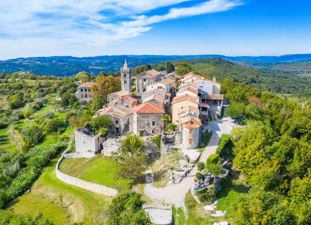 Beautiful old town of Hum on the hill, traditional architecture in Istria, Croatia