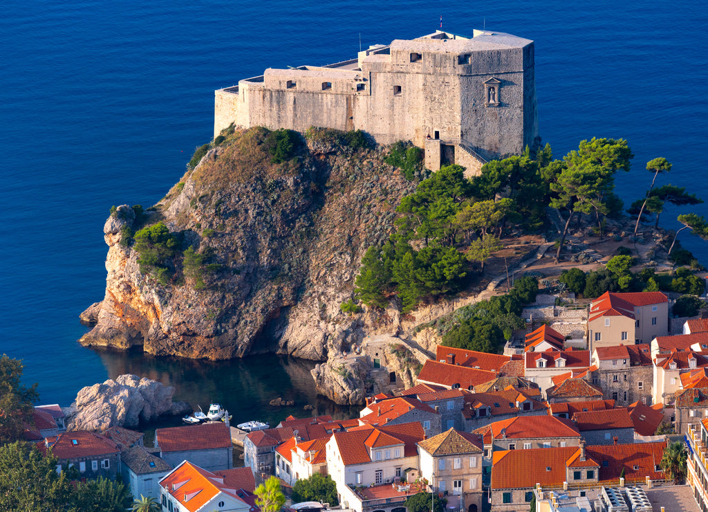 Aerial closeup view of Fort Lovrijenac or St Lawrence Fortress, often called Dubrovnik s Gibraltar in the morning, Dubrovnik, Croatia