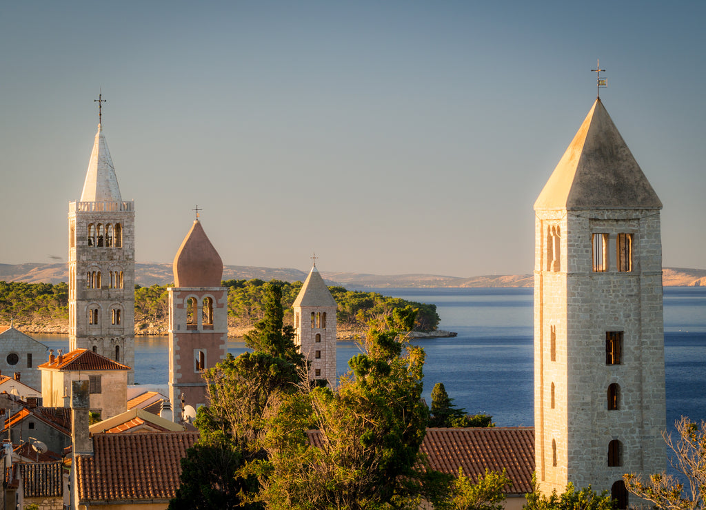 Classic view with belltowers of the churches of Rab croatia