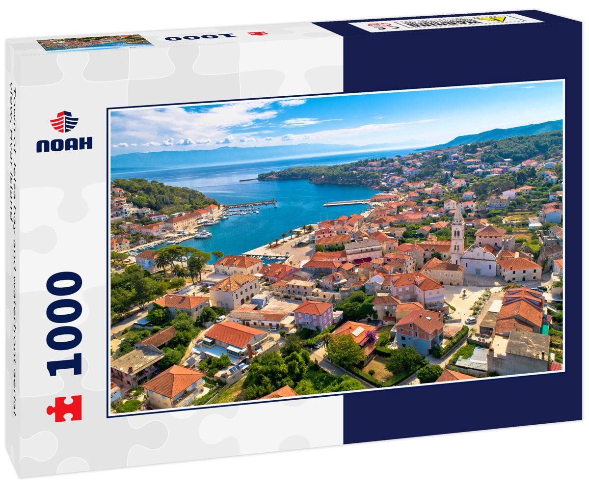 Town of Jelsa bay and waterfront aerial view, Hvar island