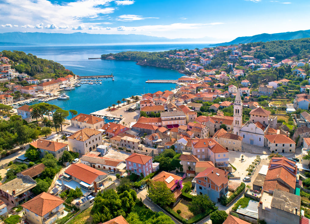 Town of Jelsa bay and waterfront aerial view, Hvar island