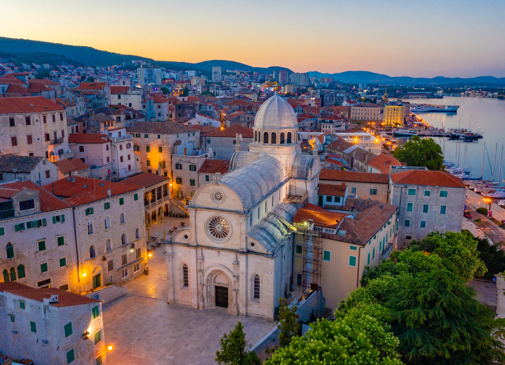Sunrise aerial view of the cathedral of Saint James and waterfront of Sibenik, Croatia