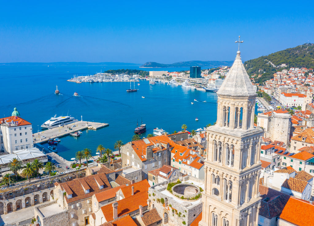 aerial view of old town of Split dominated by belltower of Saint Domnius cathedral, Croatia