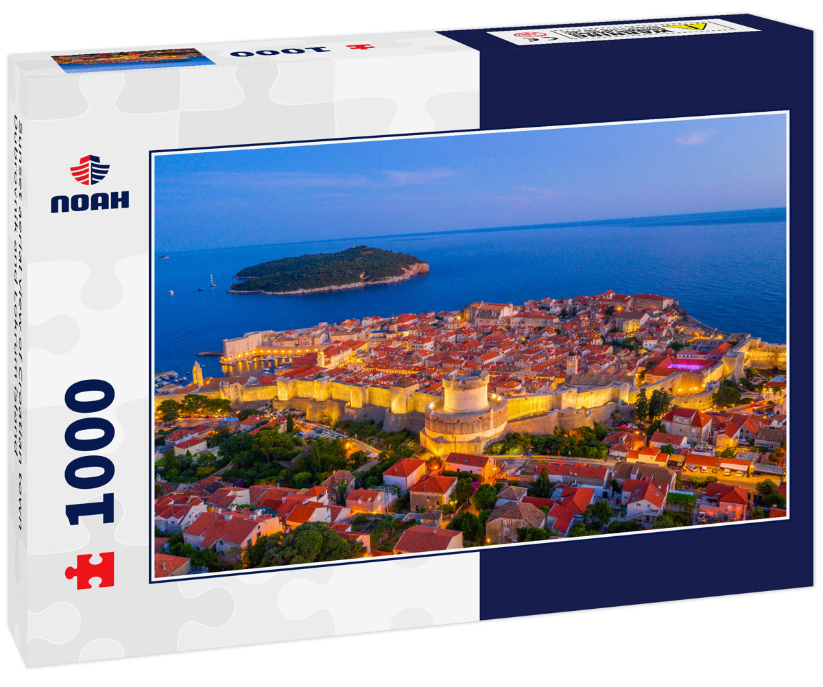 Sunset aerial view of Croatian town Dubrovnik and Lokrum island
