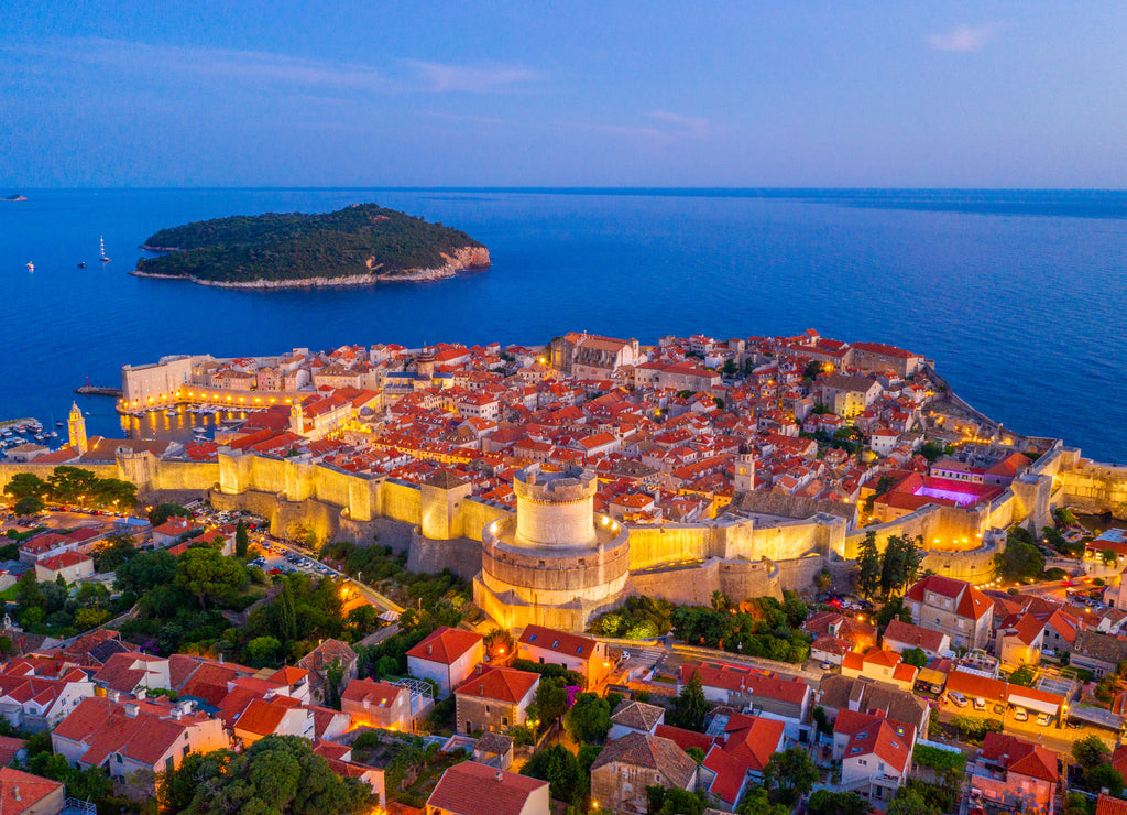 Sunset aerial view of Croatian town Dubrovnik and Lokrum island