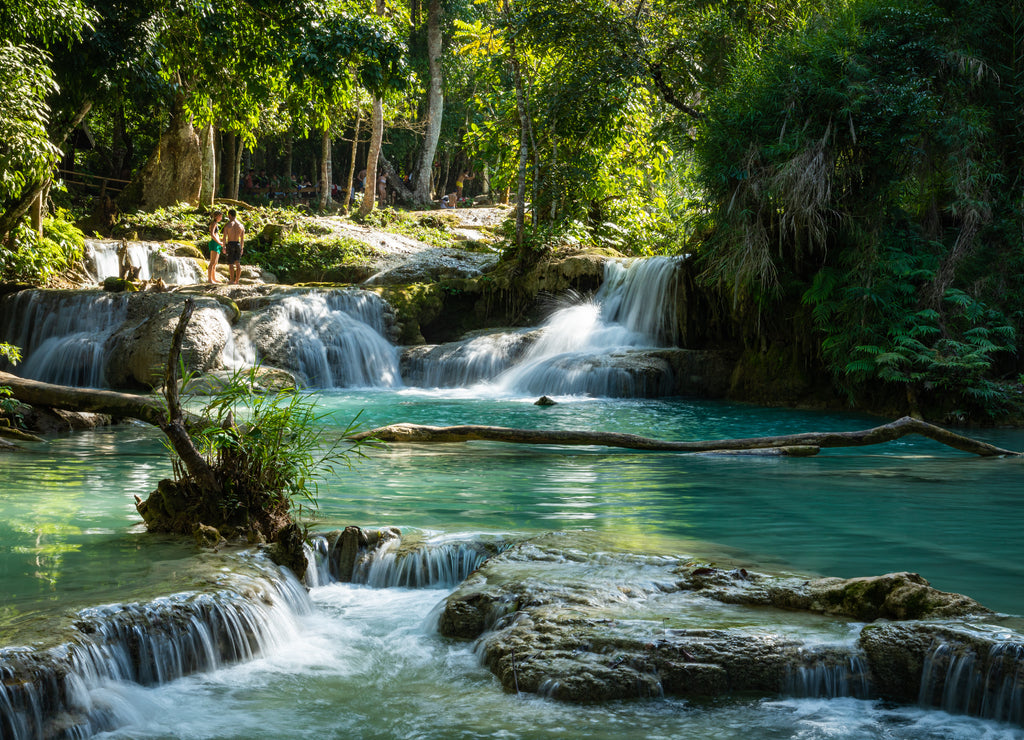Turquoise water of Kuang Si waterfall, Luang Prabang, Laos. Tropical rainforest