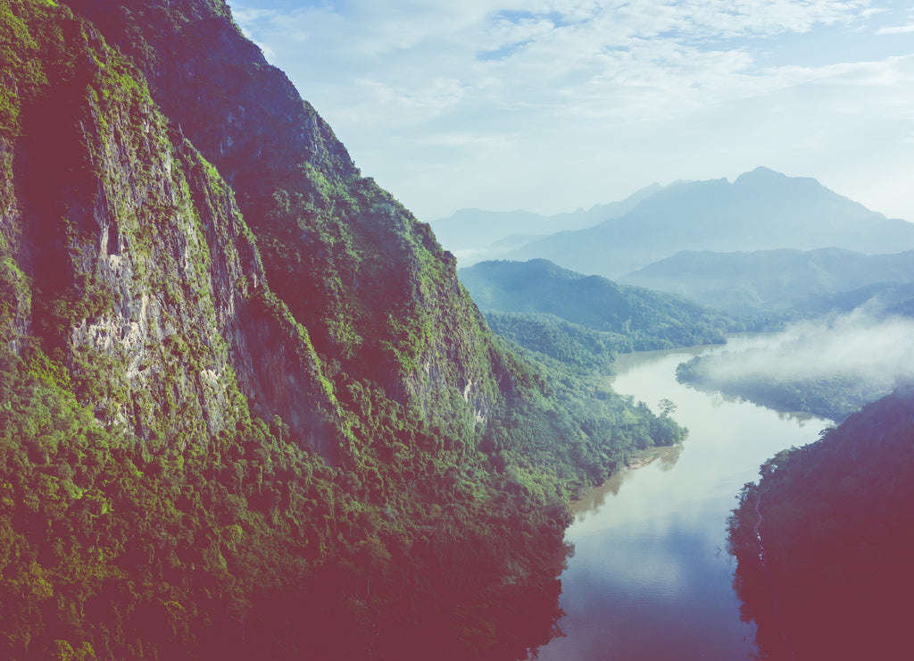 Aerial view of mountains and river Nong Khiaw. North Laos. Southeast Asia