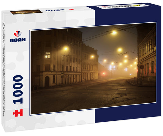 An empty illuminated asphalt road through the old historical buildings and houses in a fog at night. Street lights (lanterns) close-up. Riga, Latvia