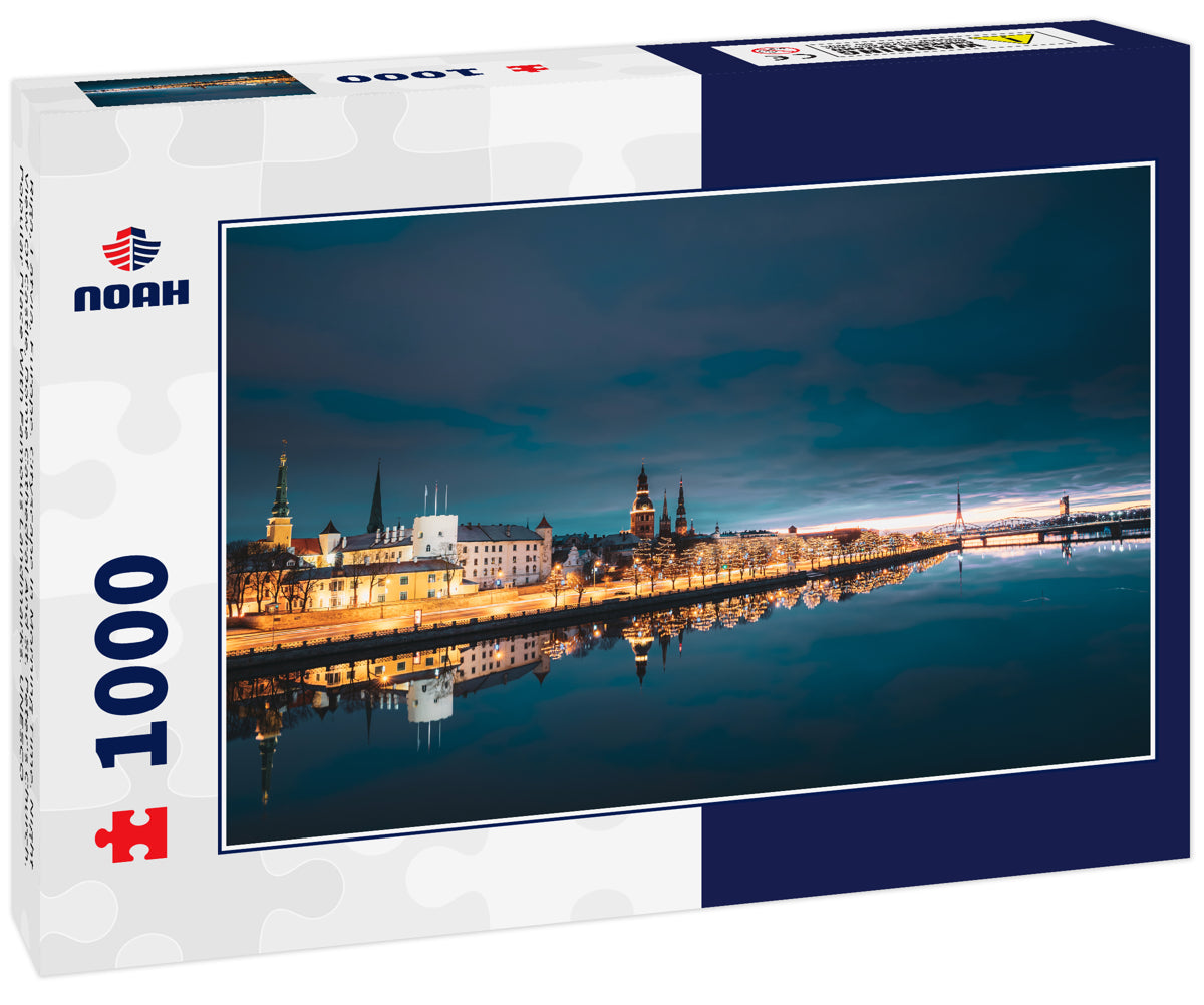 Riga, Latvia, Europe. Cityscape In Morning Time. Night View Of Castle, Dome Cathedral And St. Peter's Church. Popular Place With Famous Landmarks. UNESCO