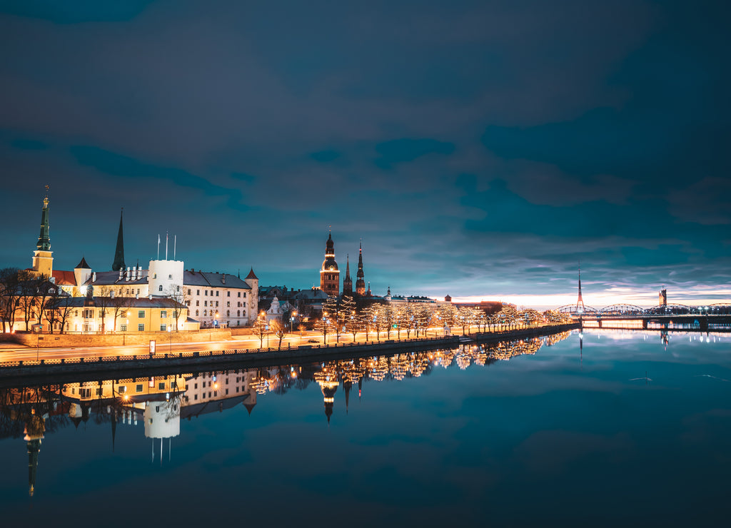 Riga, Latvia, Europe. Cityscape In Morning Time. Night View Of Castle, Dome Cathedral And St. Peter's Church. Popular Place With Famous Landmarks. UNESCO