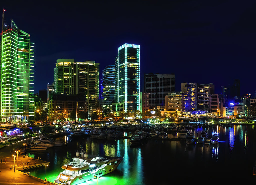 A panoramic photo of Beirut Waterfront skyline - Night, Lebanon