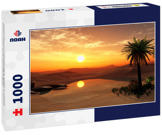 Oasis Desert landscape with a pond, palm trees and stones Libya