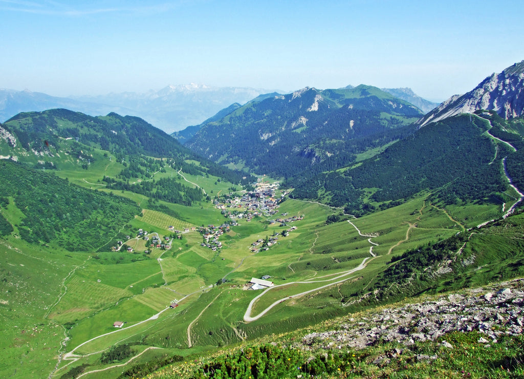 View of the Malbuntal alpine valley and ski-resort village Malbun from the slopes of the Liechtenstein Alps mountain range - Malbun, Liechtenstein