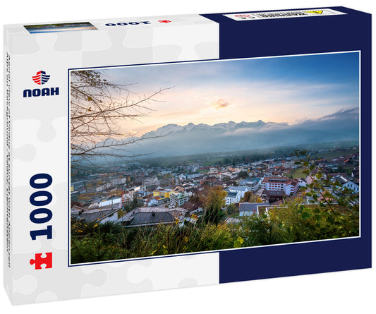 Aerial view of Vaduz at sunset with Appenzell Alps on background - Vaduz, Liechtenstein