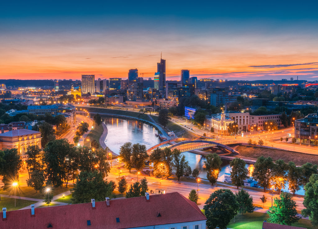 Vilnius, Lithuania, Europe. Sunset Cityscape. Modern Office Buil