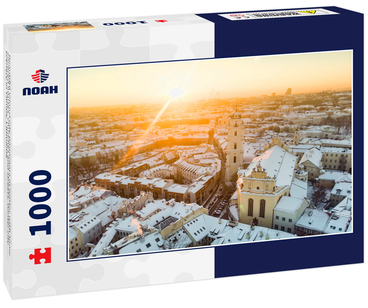 Beautiful Vilnius city panorama in winter with snow covered houses, churches and streets. Winter city scenery in Vilnius, Lithuania